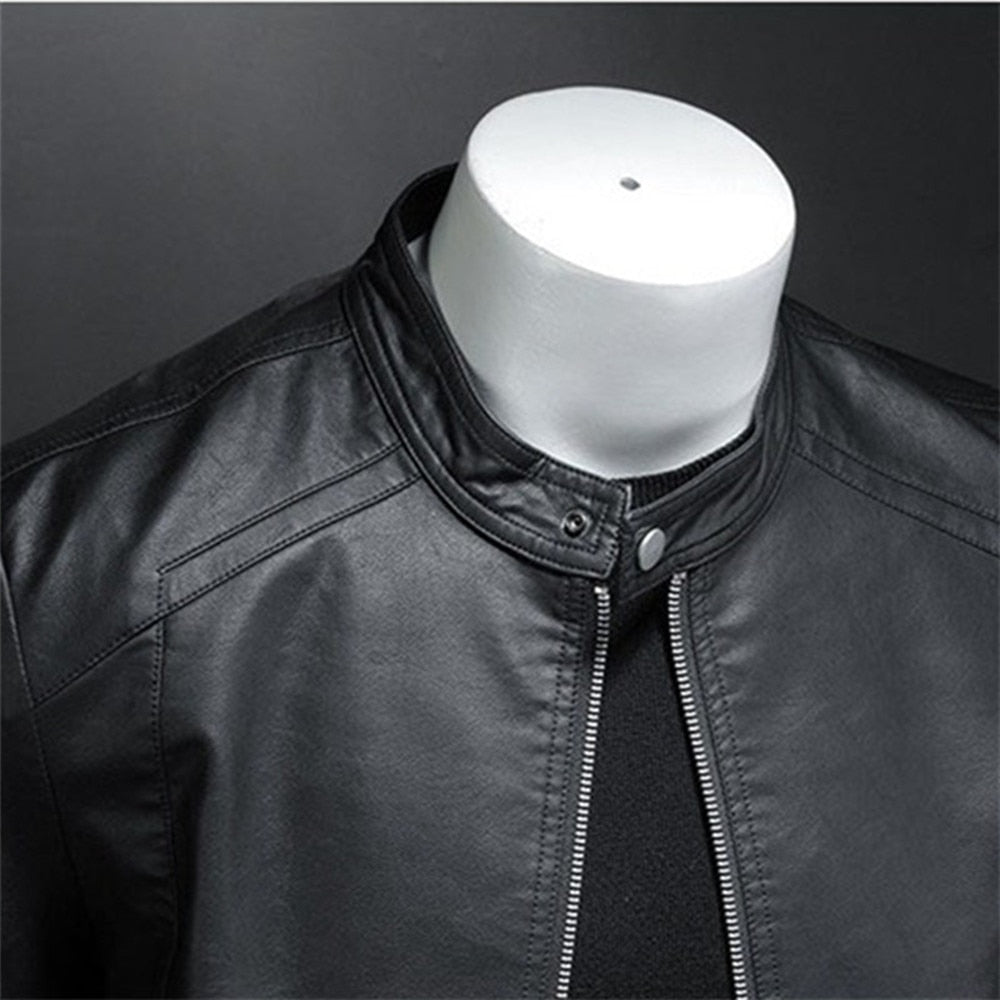 Spring Autumn Leather Jacket Men Stand Collar Slim Pu Leather Jacket