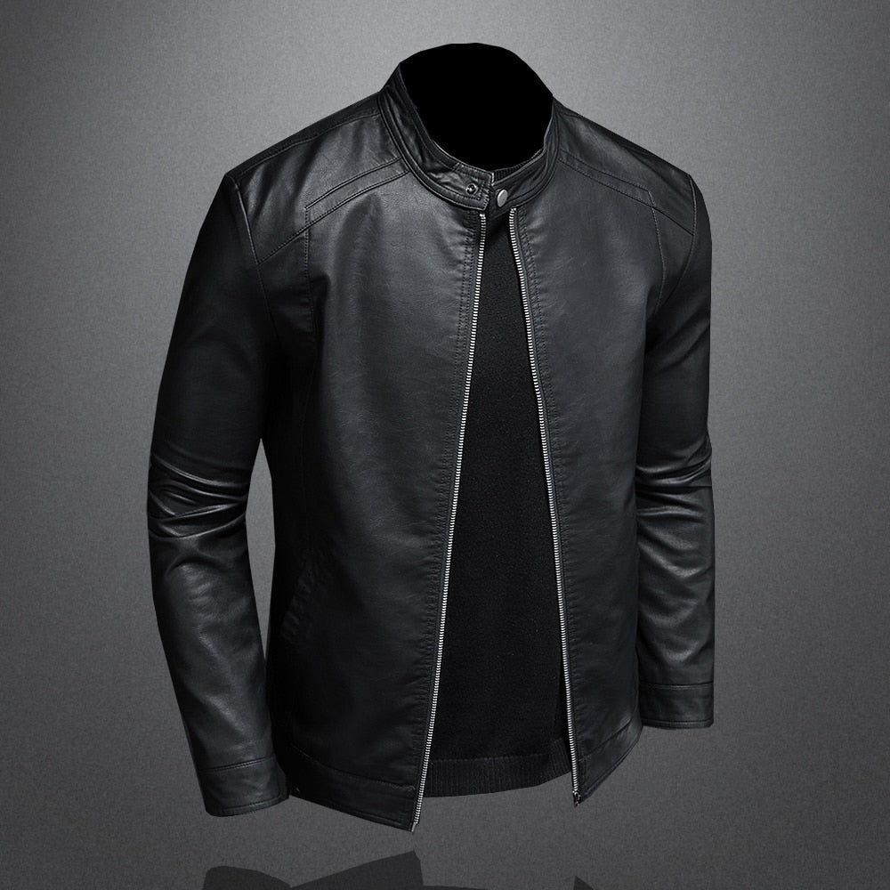 Spring Autumn Leather Jacket Men Stand Collar Slim Pu Leather Jacket