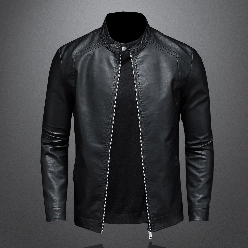 Spring Autumn Leather Jacket Men Stand Collar Slim Pu Leather Jacket