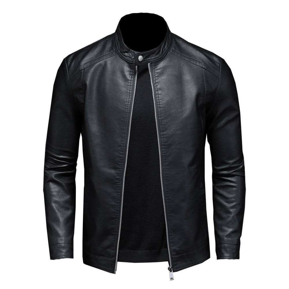 Spring Autumn Leather Jacket Men Stand Collar Slim Pu Leather Jacket