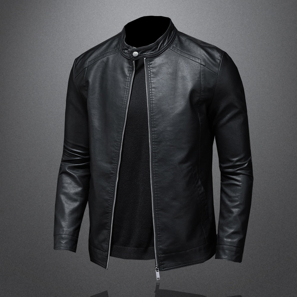 Spring Autumn Leather Jacket Men Stand Collar Slim Pu Leather Jacket