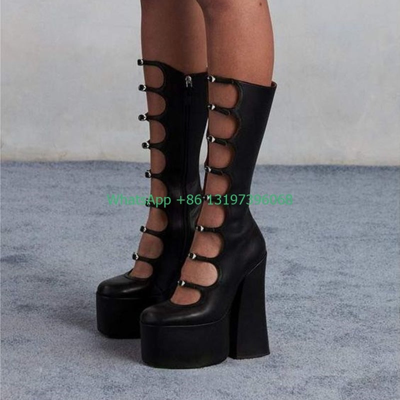 Thick Sole Black Hollow Calf Boots Side Zipper Rough Square Heel Pole