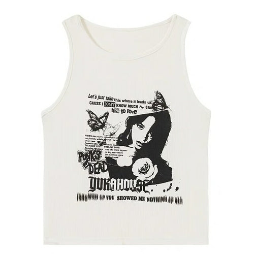 Y2k Grunge Print Sleeveless Sexy Tank Top For Women Ribbed Knit Vest