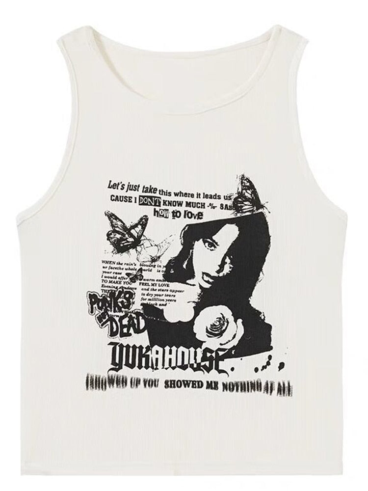 Y2k Grunge Print Sleeveless Sexy Tank Top For Women Ribbed Knit Vest