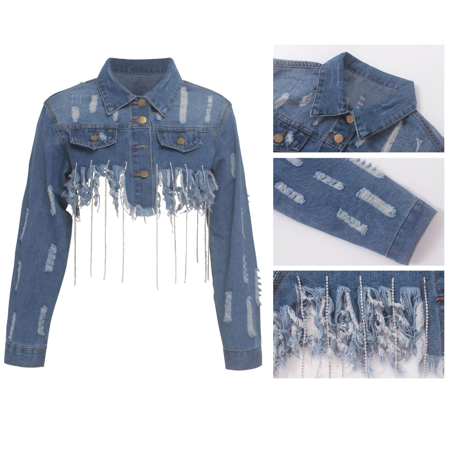 Ripped Denim Long Sleeve Crop  Jeans Jacket