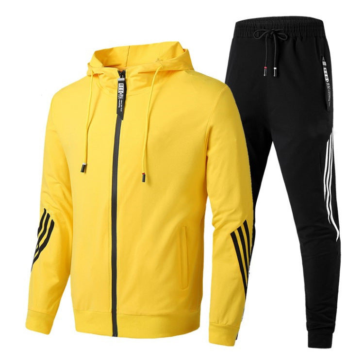 XLL-Sport Wear Tracksuit Joggers Men Cotton Side Stripe Zipper Hooded Two Piece Set