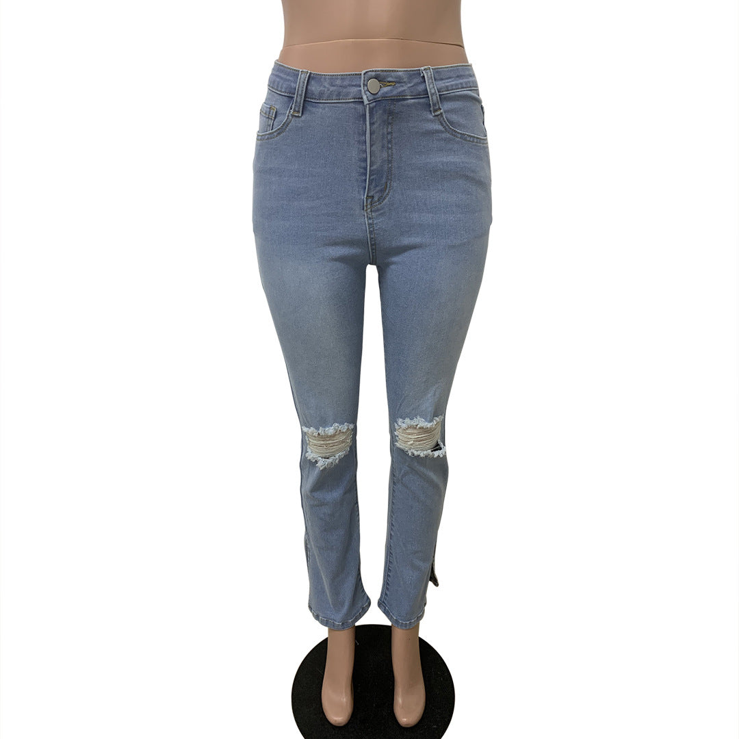 YD New Design Ladies Jean Trousers Female Skinny Ripped Slit Denim Jeans Women