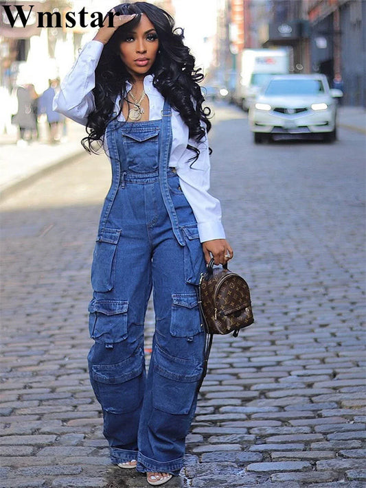 Wmstar Women Jumpsuit Fashion Rompers Streetwear Sleeveless Denim Vintage Loose Jeans Overalls Pockets Wide Leg Female Pants