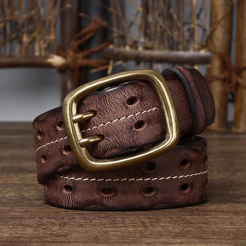 Vintage Men's 3.8cm Wide Double Breasted Belt 100% Cowhide Double Prong Buckle Handmade Heavy Duty Belt Fashion Jeans Belt Brown