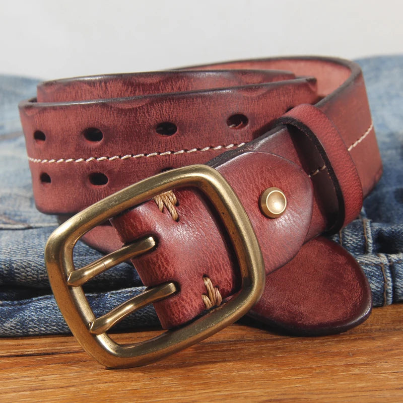 Vintage Men's 3.8cm Wide Double Breasted Belt 100% Cowhide Double Prong Buckle Handmade Heavy Duty Belt Fashion Jeans Belt Brown