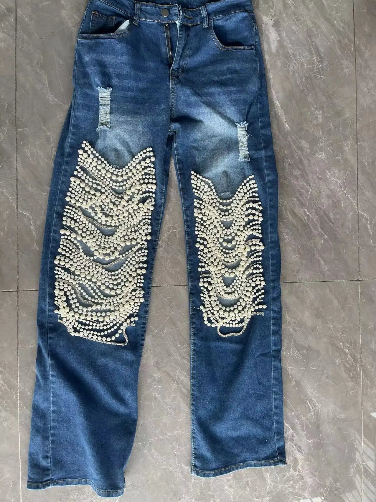 Straight Jeans Women Holes Pearls Diamond Rhinstones