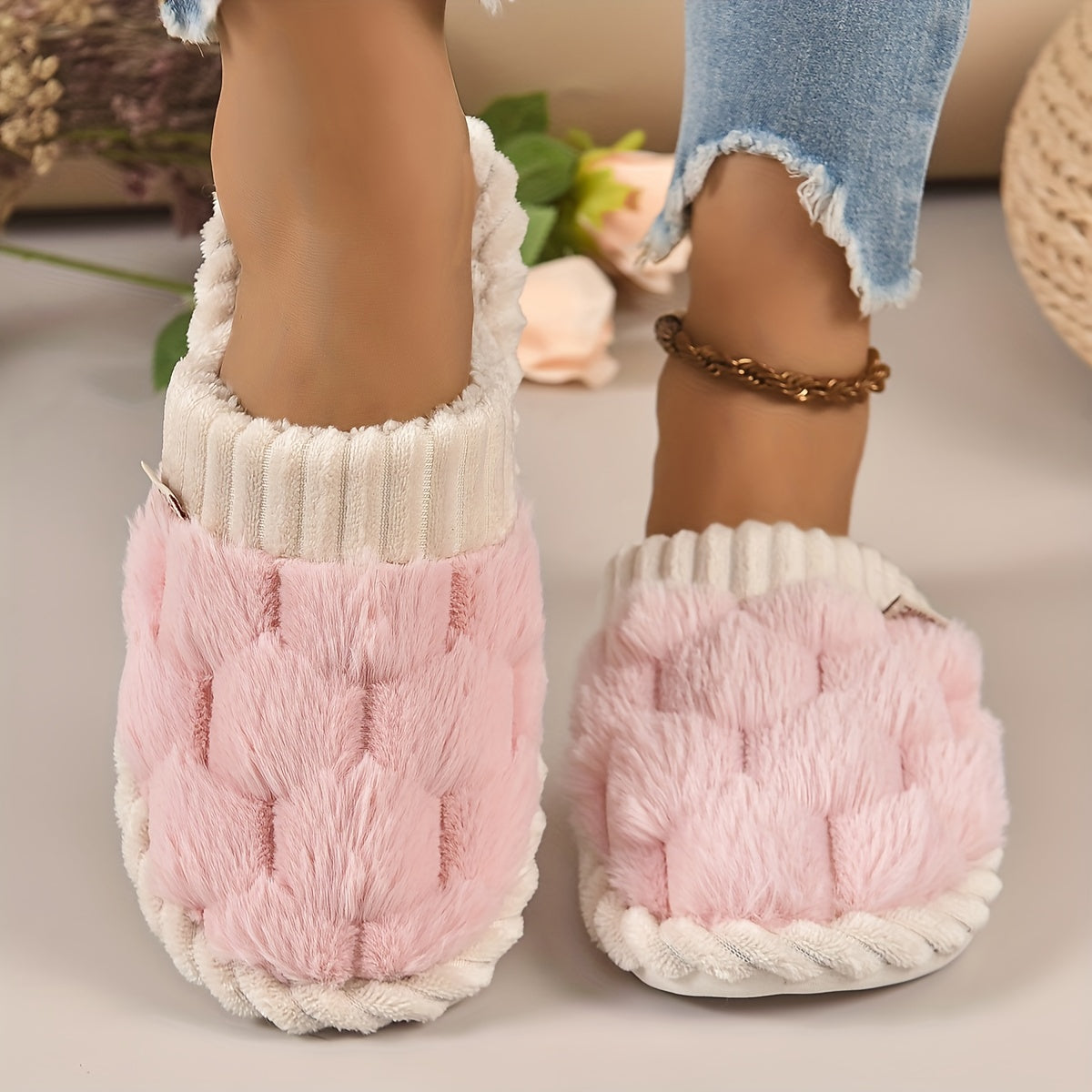 Cozy Colorblock Faux Fur Slippers