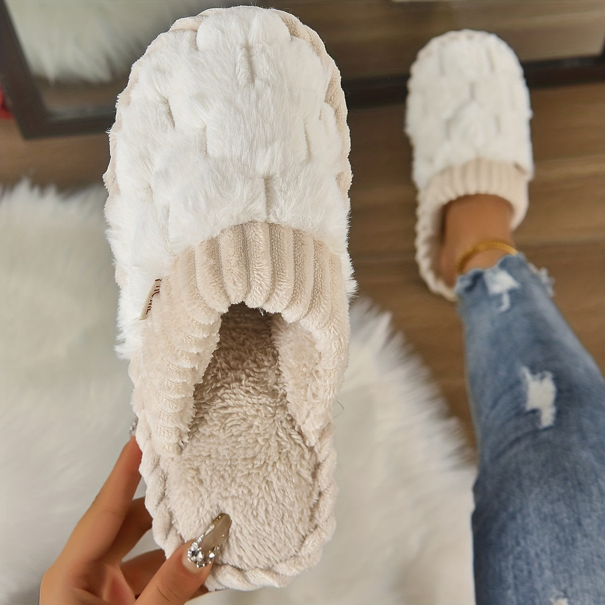 Cozy Colorblock Faux Fur Slippers