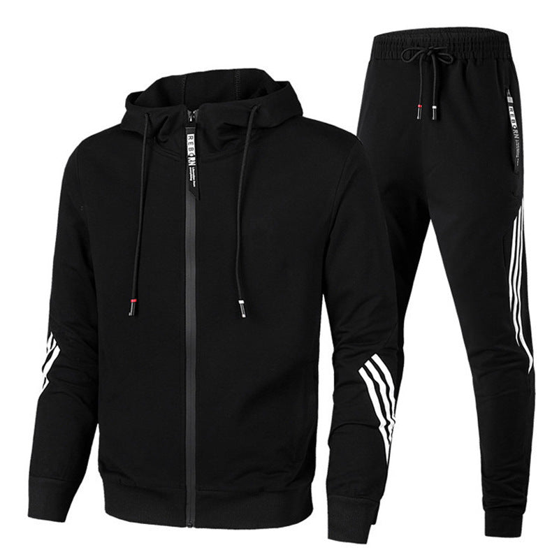 XLL-Sport Wear Tracksuit Joggers Men Cotton Side Stripe Zipper Hooded Two Piece Set