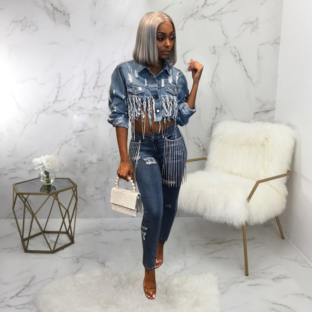 Ripped Denim Long Sleeve Crop  Jeans Jacket