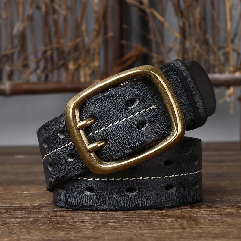 Vintage Men's 3.8cm Wide Double Breasted Belt 100% Cowhide Double Prong Buckle Handmade Heavy Duty Belt Fashion Jeans Belt Brown