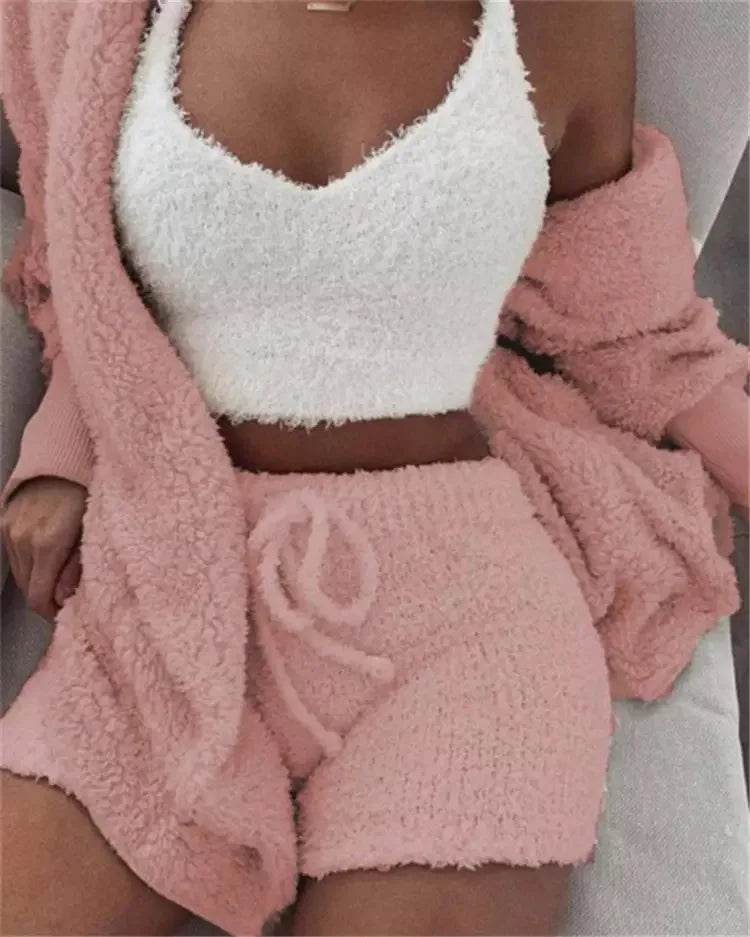 Plus Size Pajama Sets Three Piece Suits Hooded Sleepwear Womens Faux Fur Fluffy Warm Pajamas Short Set