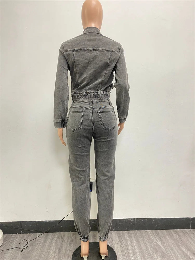 Two Piece Set Women Jacket Coat Top Jeans Cargo Pants