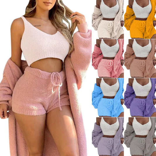 Plus Size Pajama Sets Three Piece Suits Hooded Sleepwear Womens Faux Fur Fluffy Warm Pajamas Short Set