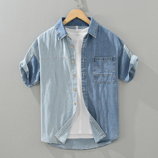 Design Sense Color Contrast Patchwork Striped Short Sleeve Shirt