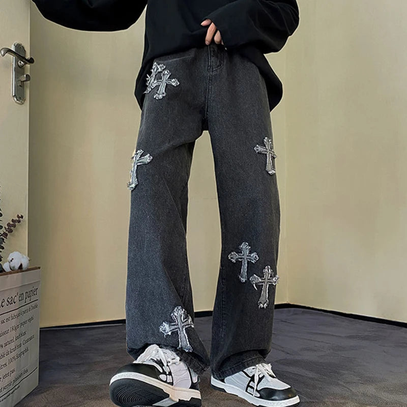 Loose Straight Jean Retro Cross Print Men Pant