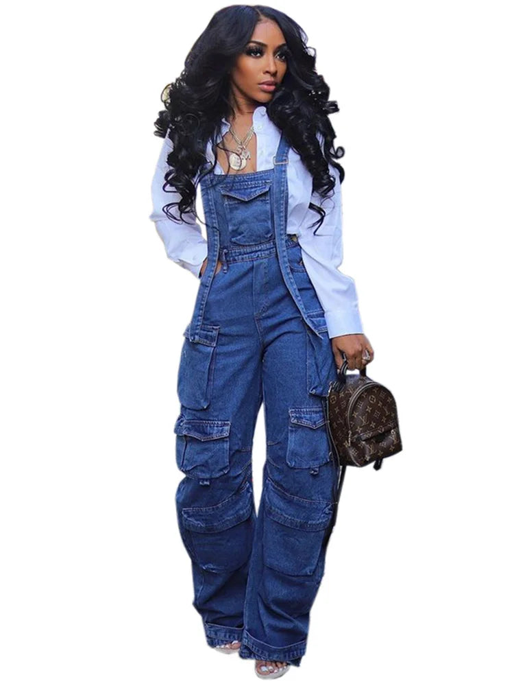 Wmstar Women Jumpsuit Fashion Rompers Streetwear Sleeveless Denim Vintage Loose Jeans Overalls Pockets Wide Leg Female Pants