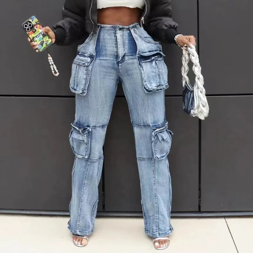 OUDINA Hotselling Clothing Vintage Multi-Pocket Zipper  Skinny Straight Denim Pants Mujer Women Jean Cargo Women's Jeans