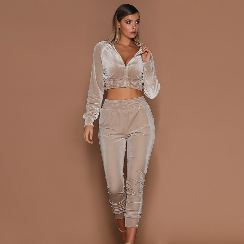 Fall Winter Outfits Crop Tops Velvet 2 Piece Pants Jogger Set Zipper Jackets Loose Jogger Sweatpants Women Jog Suit