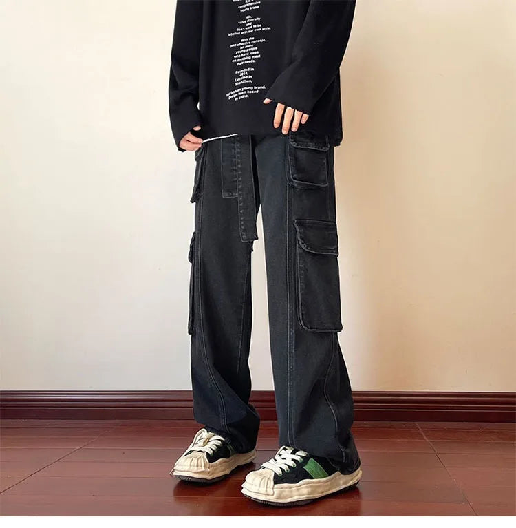 Men Jeans Wide Leg Denim Pant Loose Straight Baggy