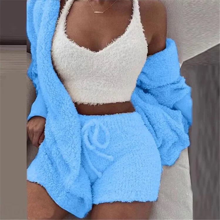 Plus Size Pajama Sets Three Piece Suits Hooded Sleepwear Womens Faux Fur Fluffy Warm Pajamas Short Set