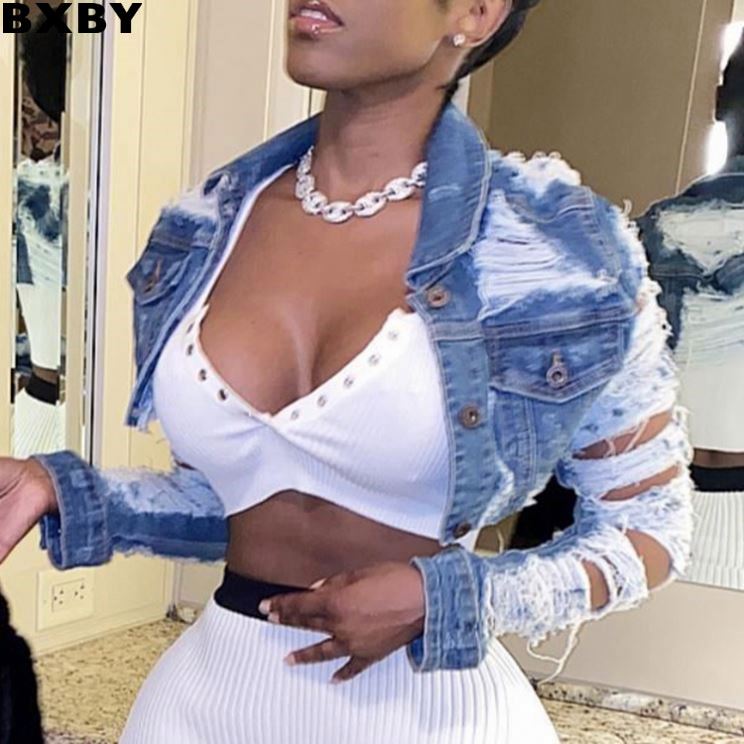 BXBY High Quality Women Sexy Jean Jackets Short Denim Fashion Jeans Tops Holes Long Sleeve Casual Jeans Jacket With Patches