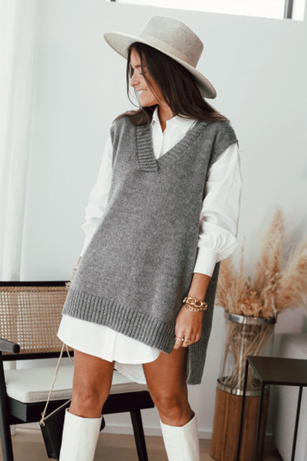 Gray Knit Vest Pullover Sweater