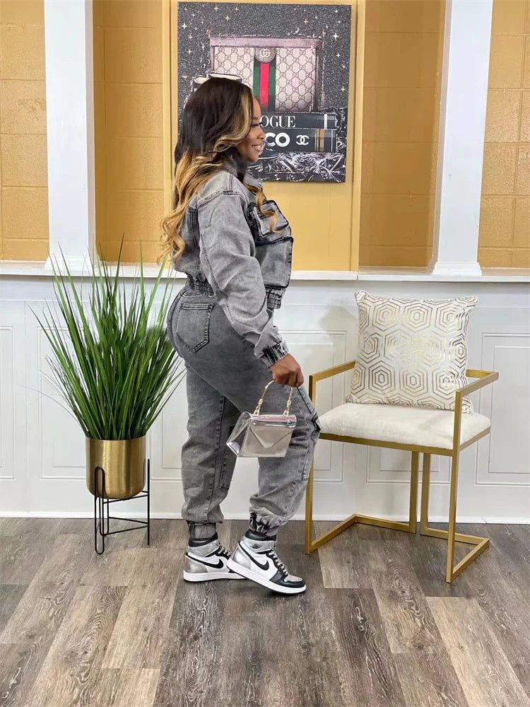 Two Piece Set Women Jacket Coat Top Jeans Cargo Pants