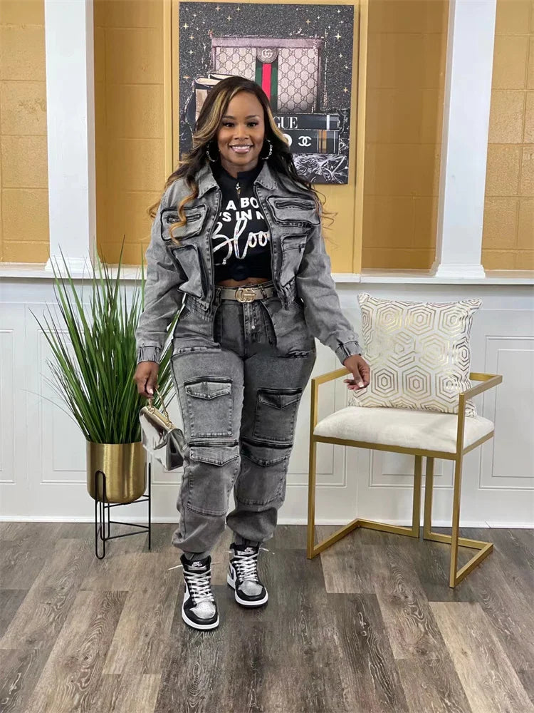 Two Piece Set Women Jacket Coat Top Jeans Cargo Pants