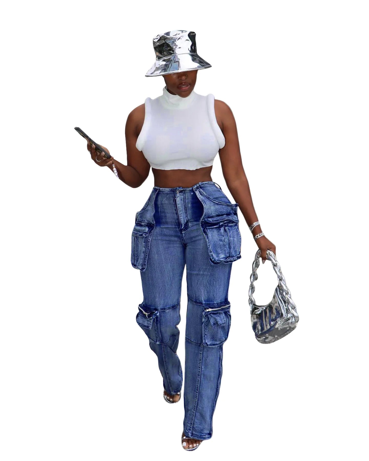 Wide Leg Denim Boyfriend Cargo Jeans