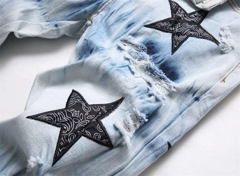 Men Jeans Blue Color Paint Printed Jeans Men