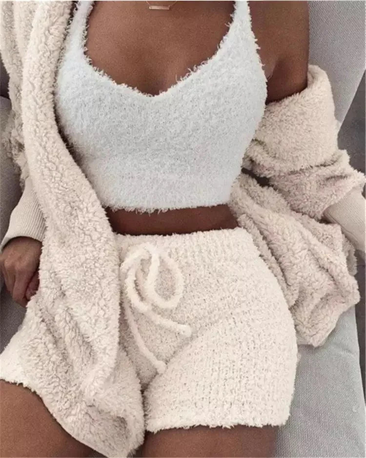 Plus Size Pajama Sets Three Piece Suits Hooded Sleepwear Womens Faux Fur Fluffy Warm Pajamas Short Set