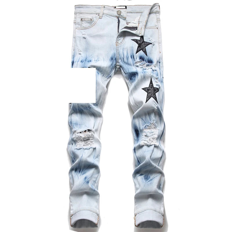 Men Jeans Blue Color Paint Printed Jeans Men