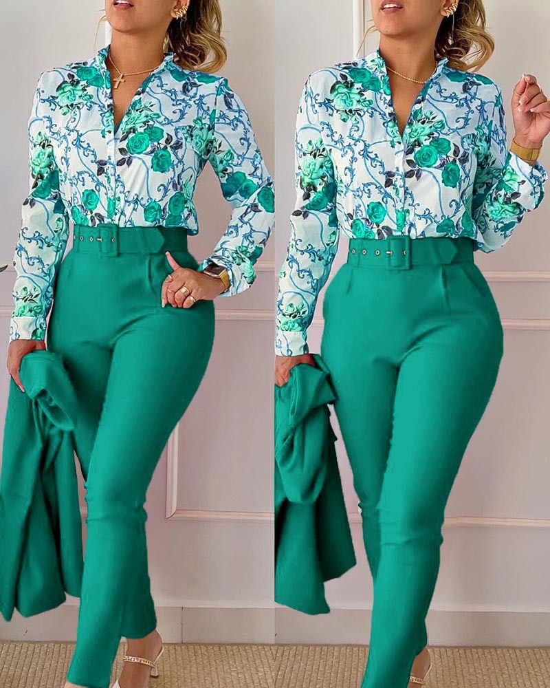 elegant print shirt and pants two piece sets