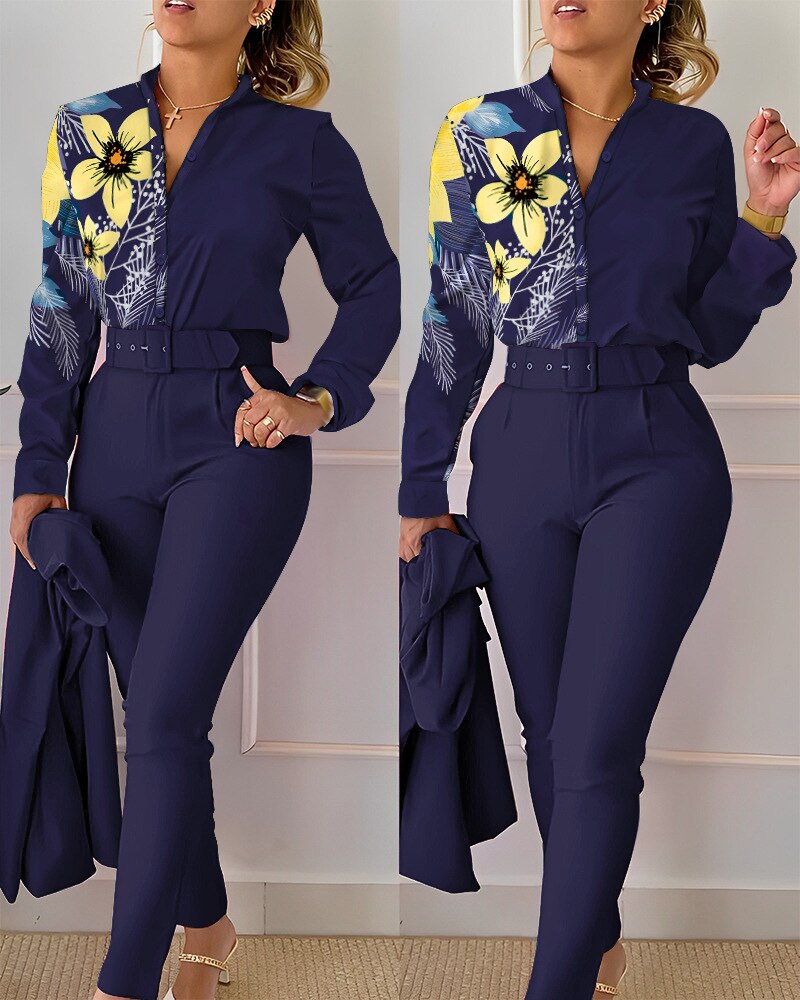 elegant print shirt and pants two piece sets