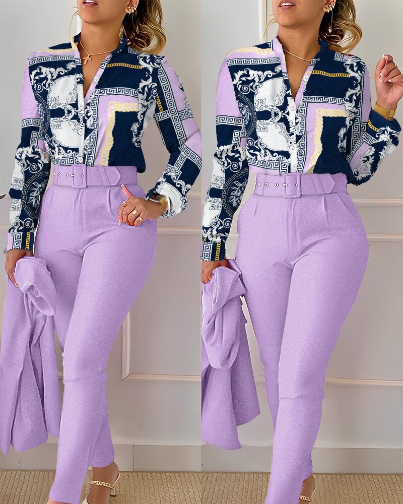 elegant print shirt and pants two piece sets