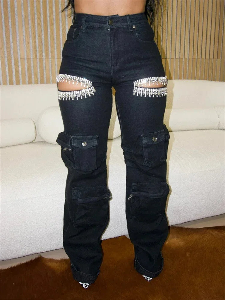 Women Pants With Tassel Diamond Pieces