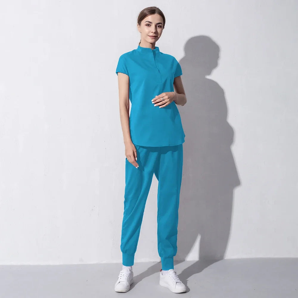 Scrubs Set for Women Pet Hospital Uniform Set Scrub Suits Solid Color Unisex Surgical Gown Pocket V-Neck Joggers Wholesale Price