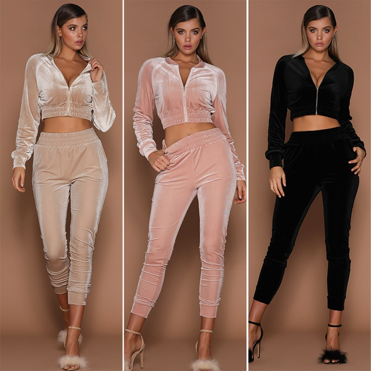 Fall Winter Outfits Crop Tops Velvet 2 Piece Pants Jogger Set Zipper Jackets Loose Jogger Sweatpants Women Jog Suit