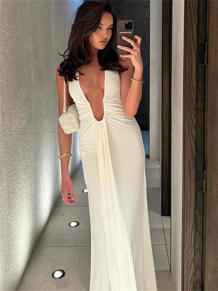 Tossy White V-Neck Sexy Long Dress Female Pleated Slim High Waist Backless Bandage Party Dress 2025 Summer Ladies Maxi Dress New