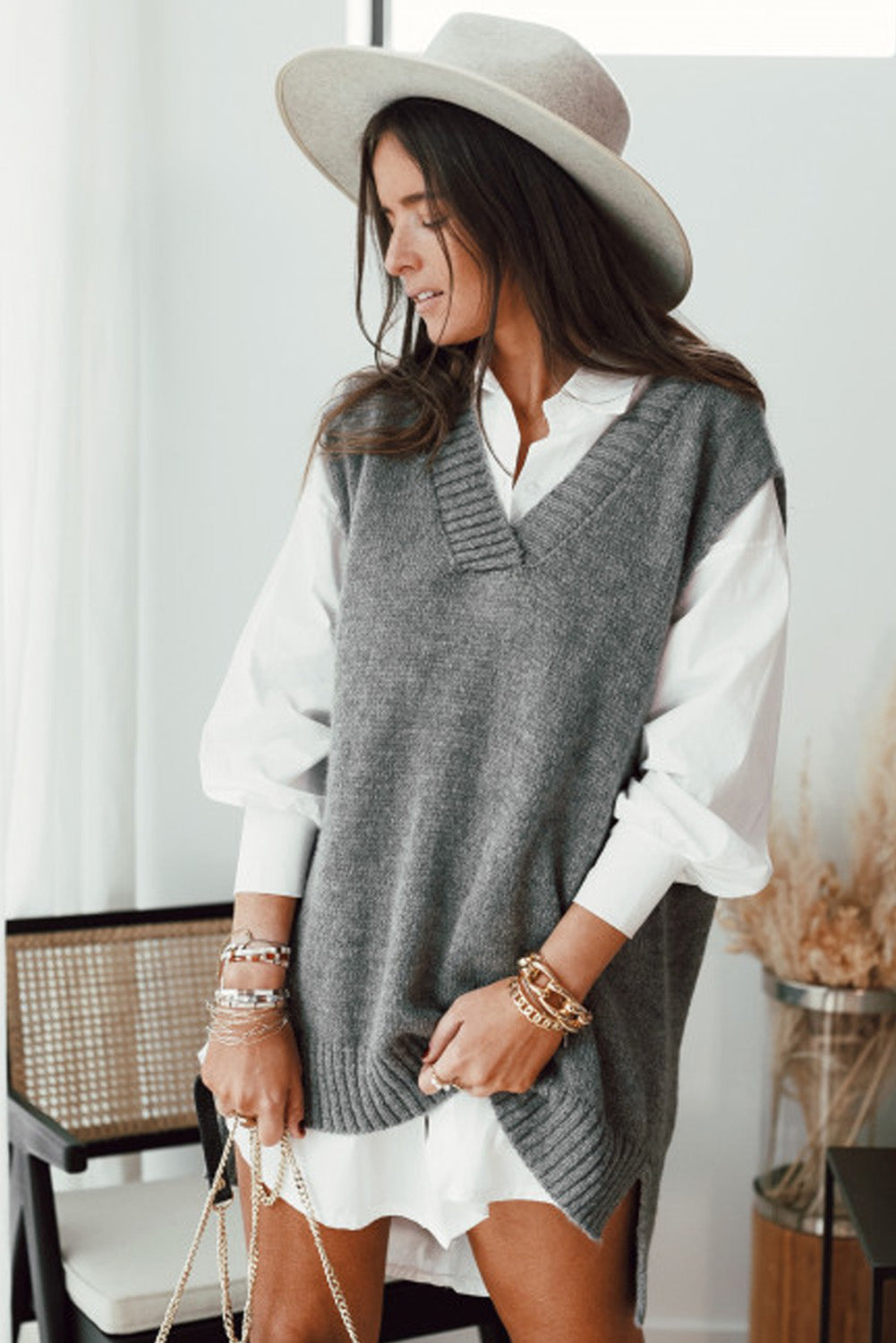 Gray Knit Vest Pullover Sweater