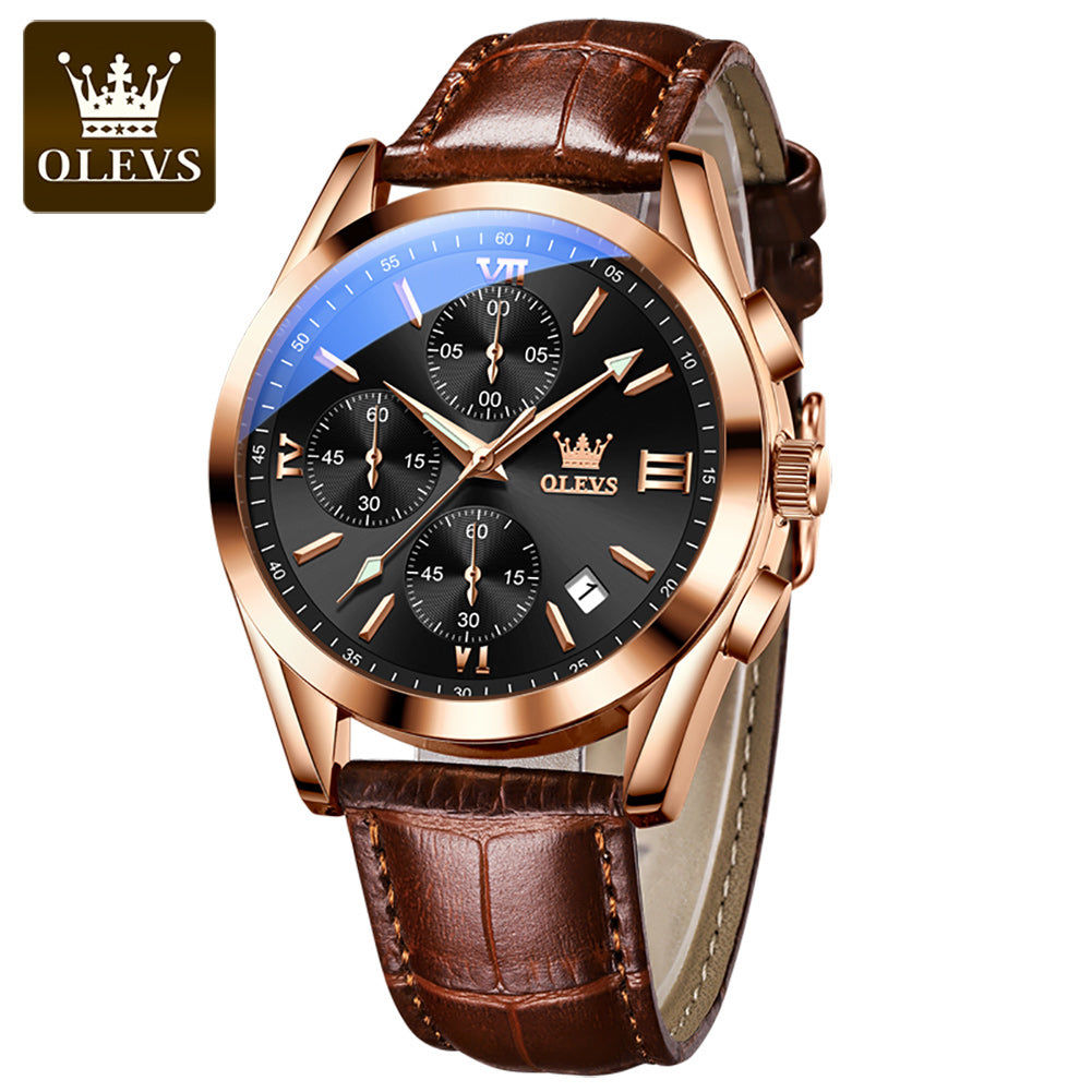 OLEVS 2872 Luxury Three-Eye Belt Quartz Watch Stainless Steel Back Custom Wholesale China Men Watch