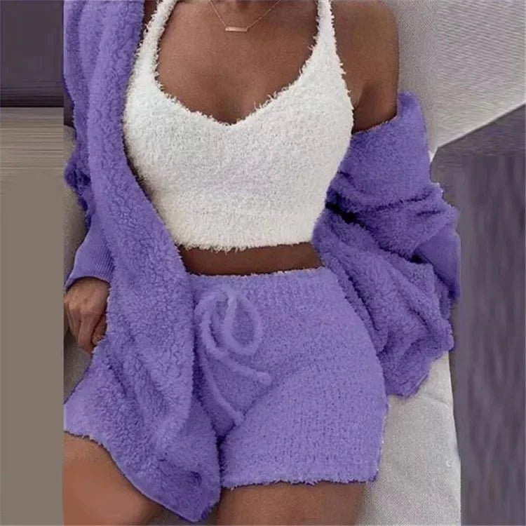 Plus Size Pajama Sets Three Piece Suits Hooded Sleepwear Womens Faux Fur Fluffy Warm Pajamas Short Set