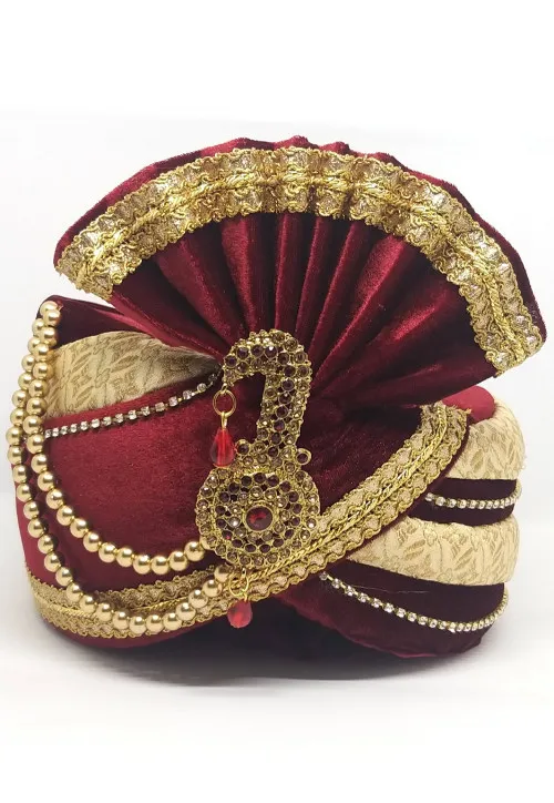 Men's Embellished Velvet Turban/Pagri (Color-MAROON)