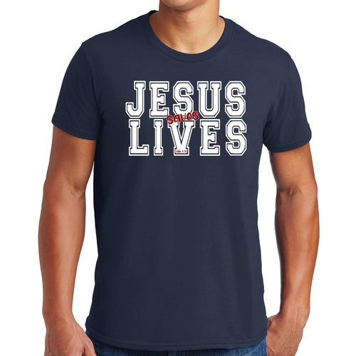 Mens Graphic T-shirt Jesus Saves Lives White Red Illustration